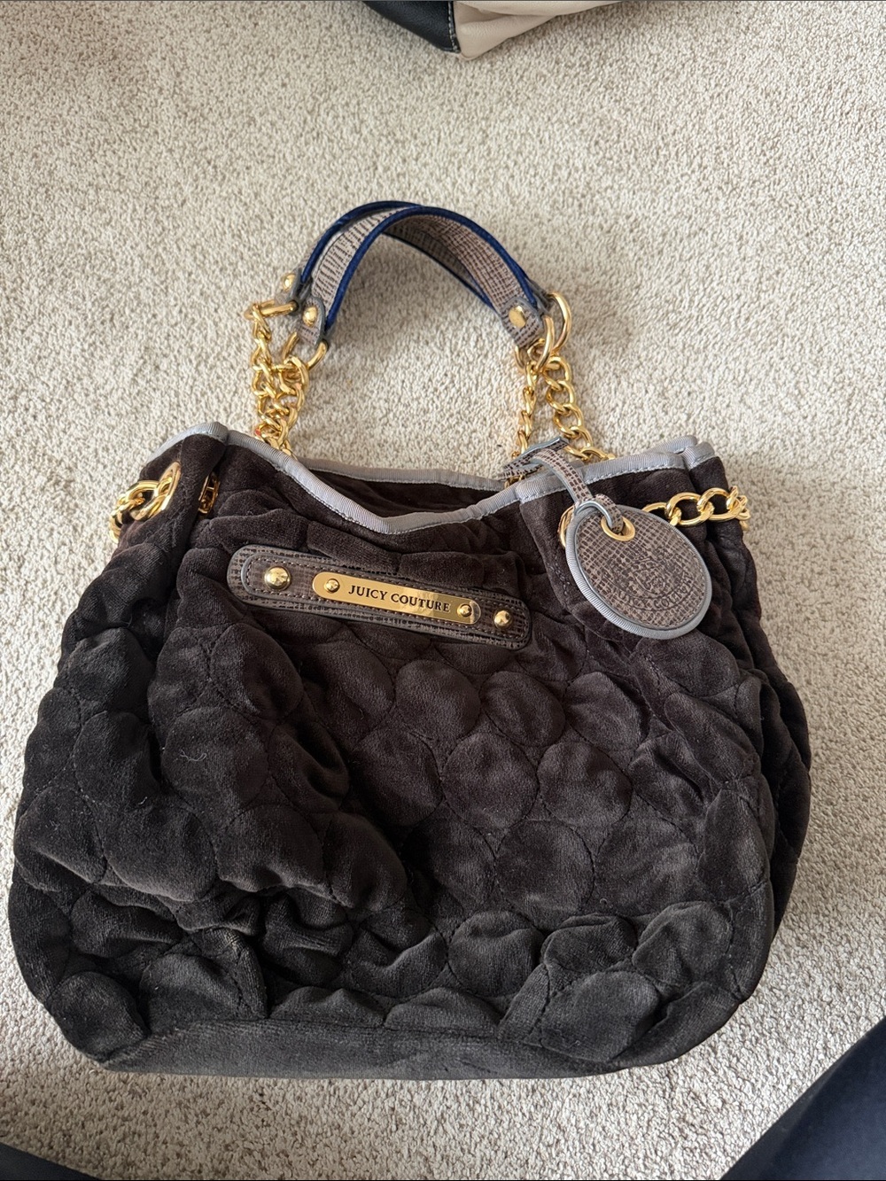 Juicy Couture Black Quilted Velvet Shoulder Bag with Gold Chain Handles